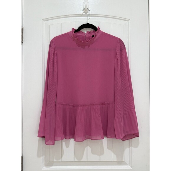 ANN TAYLOR Pink Loose Peplum Career Top Blouse Sz XL Pleated Bell Long Sleeves - Picture 1 of 7